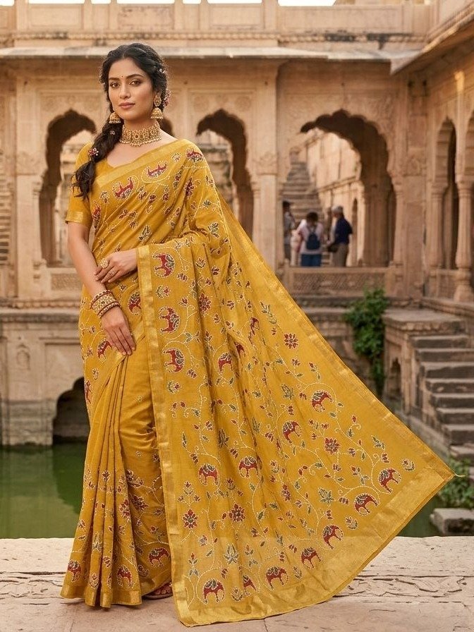 Mustard Yellow Pashmina Silk saree 