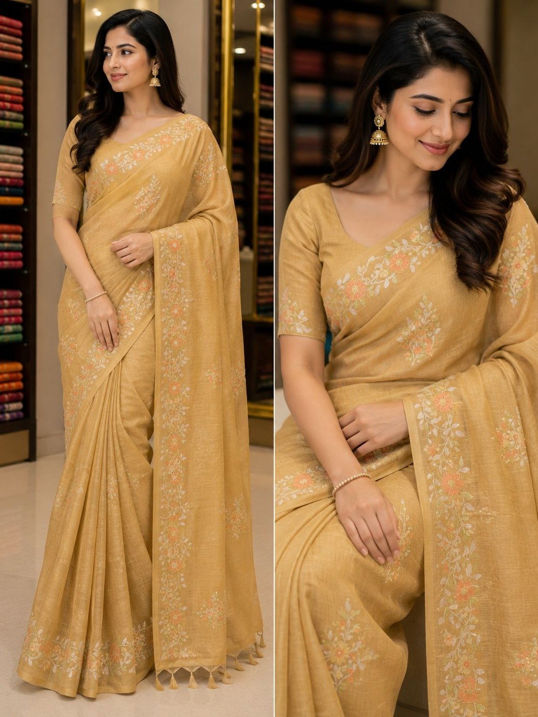 mustard-beige handloom linen-silk saree