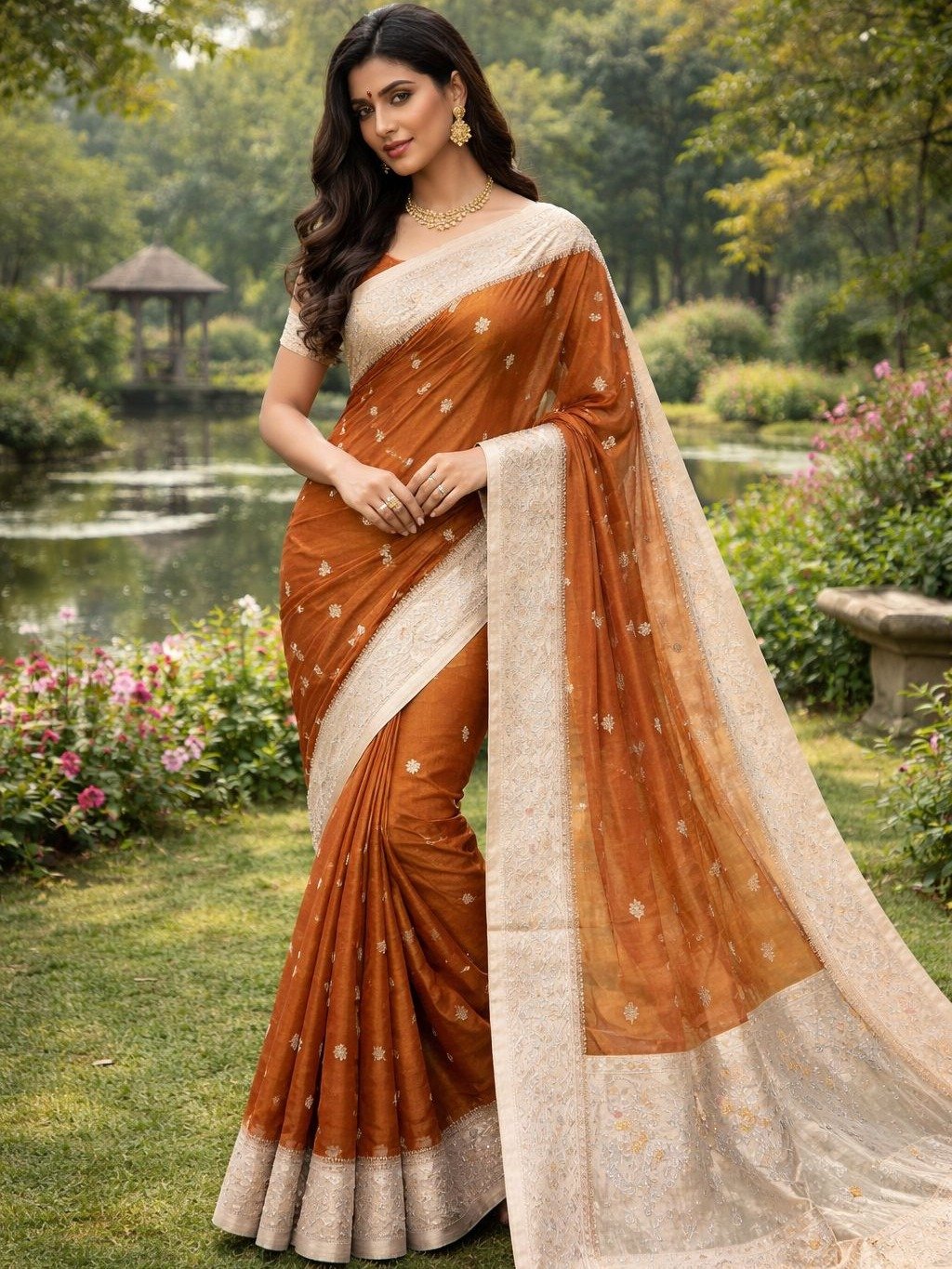 Rust Orange Organza Silk Saree featuring a Cream Zari Border. 