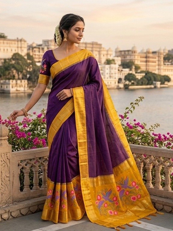  purple and mustard yellow saree
