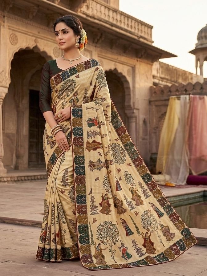 Beige Kalamkari Print Saree