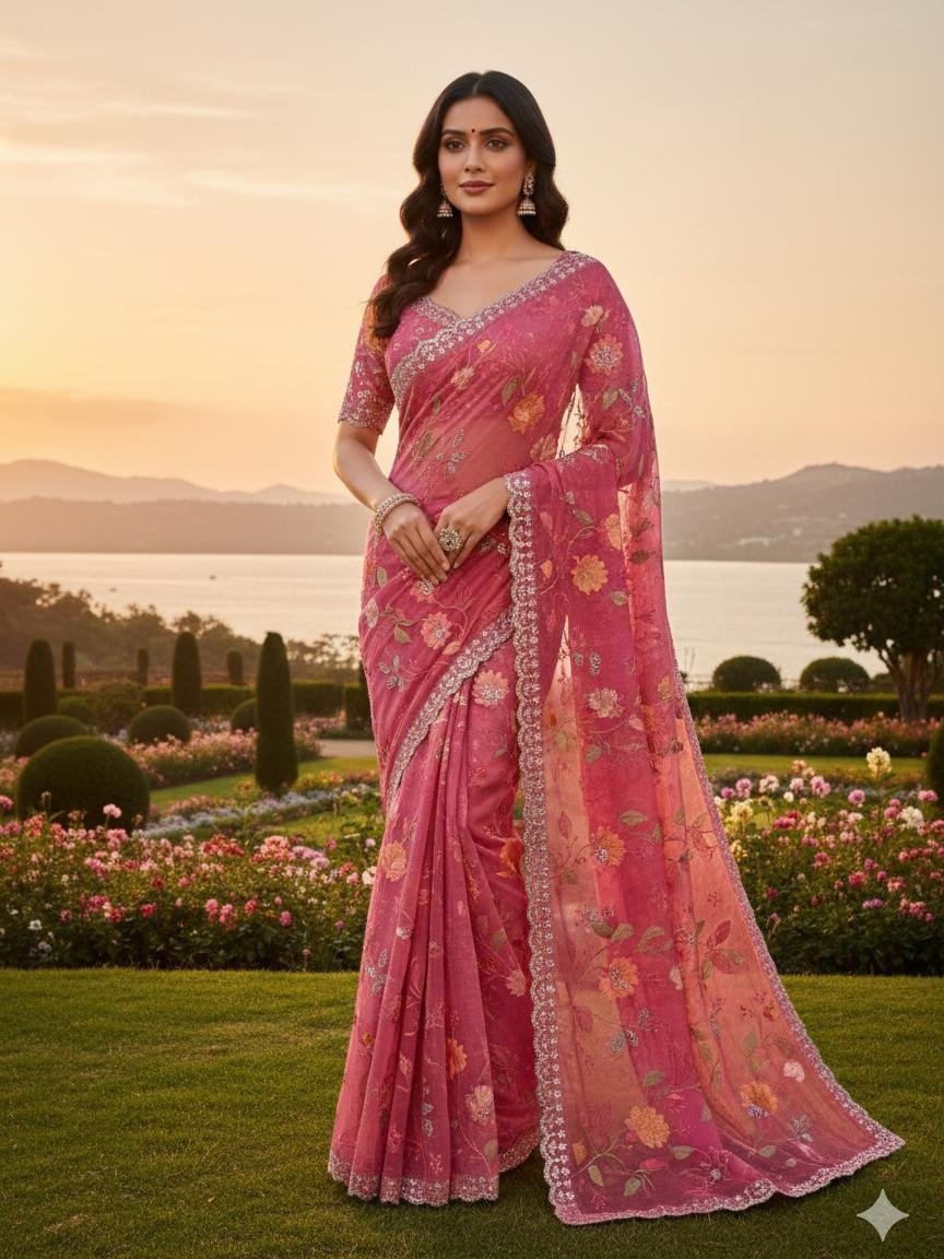 Dusty Pink Organza Floral Embroidered Saree,