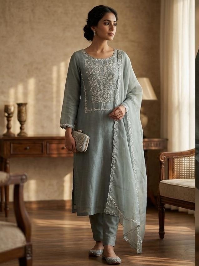 English Grey Silk Embroidered Readymade kurta set
