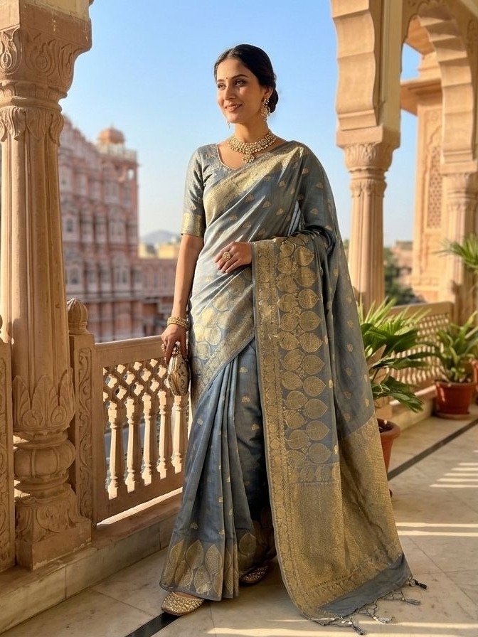 Grey or Steel Blue Banarasi Silk saree