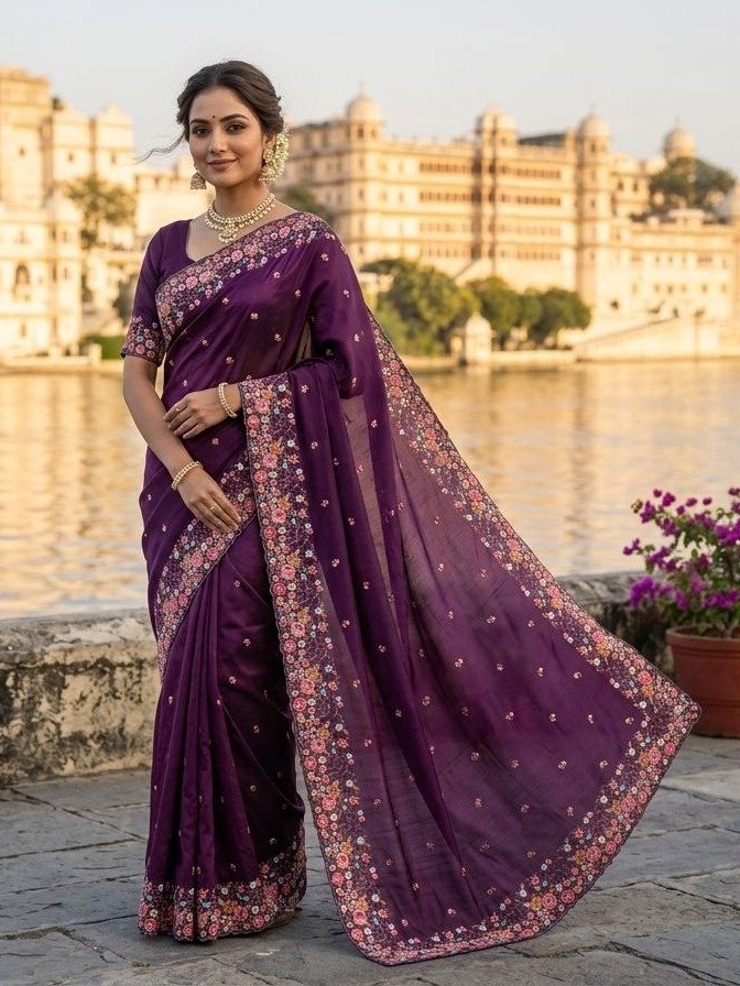 Plum Purple Embroidered Chiffon Saree