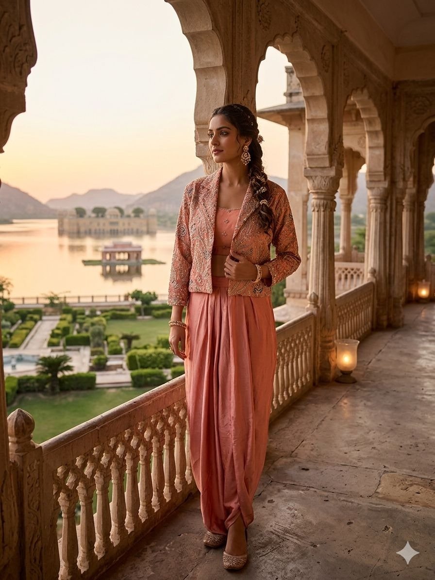 Peach Embroidered Jacket and Dhoti Pant Set