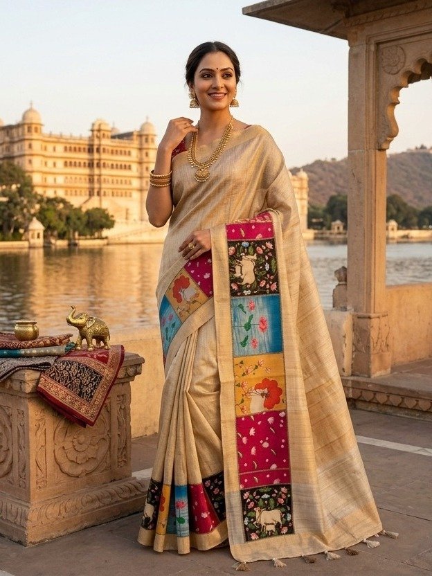  beige or off-white saree