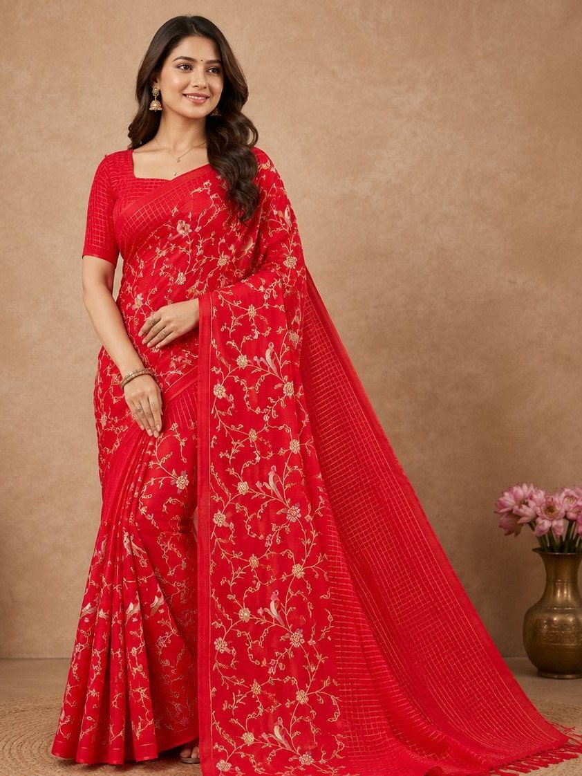 Cherry Red CROSS STICH WORK Saree