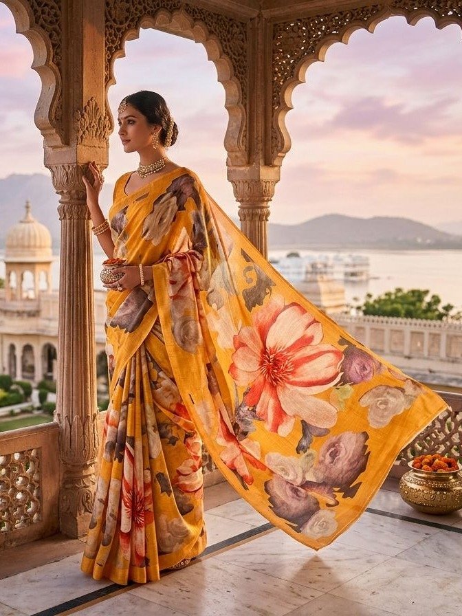  mustard yellow floral printed saree