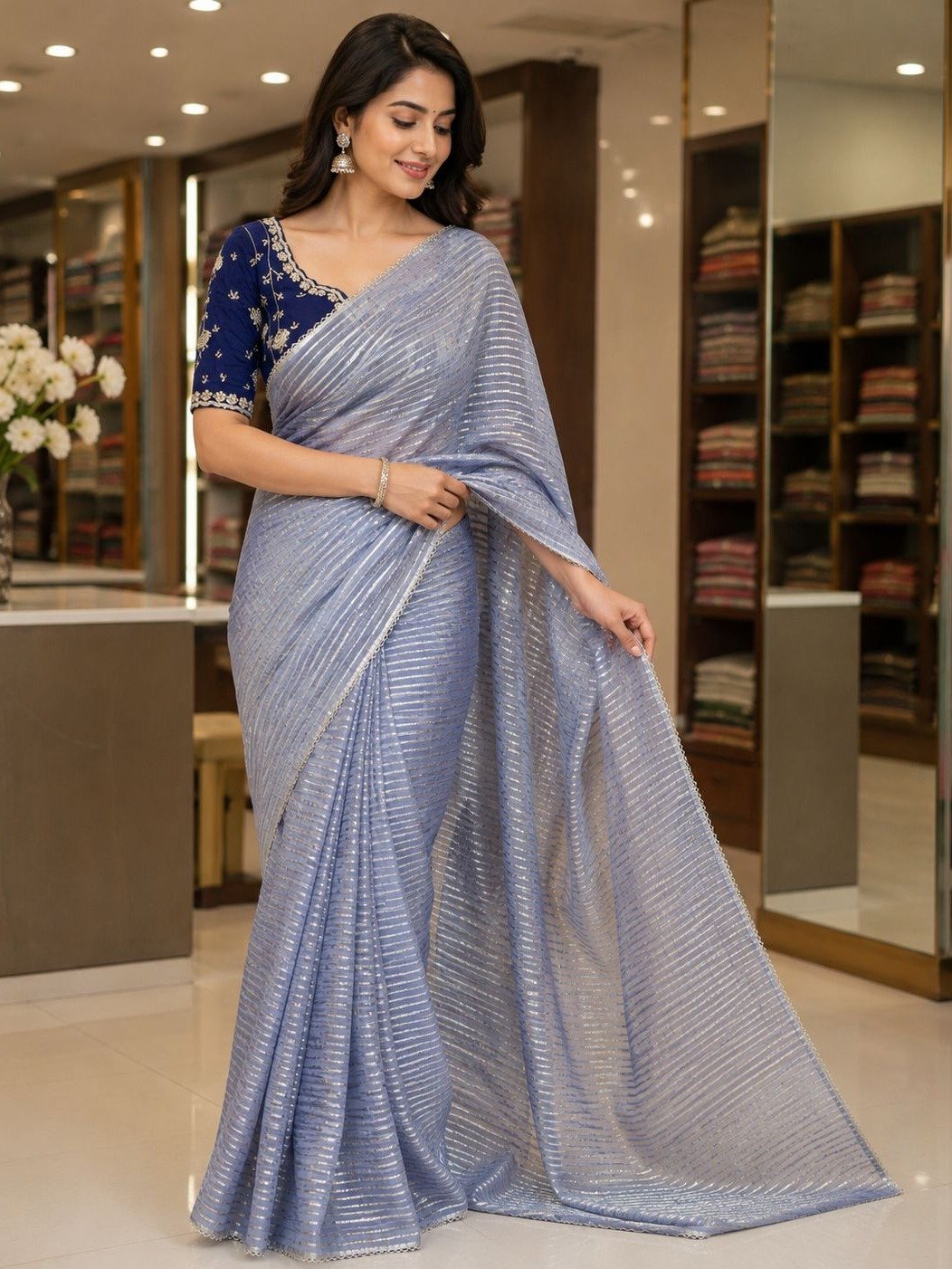 periwinkle-blue shimmer georgette cocktail saree