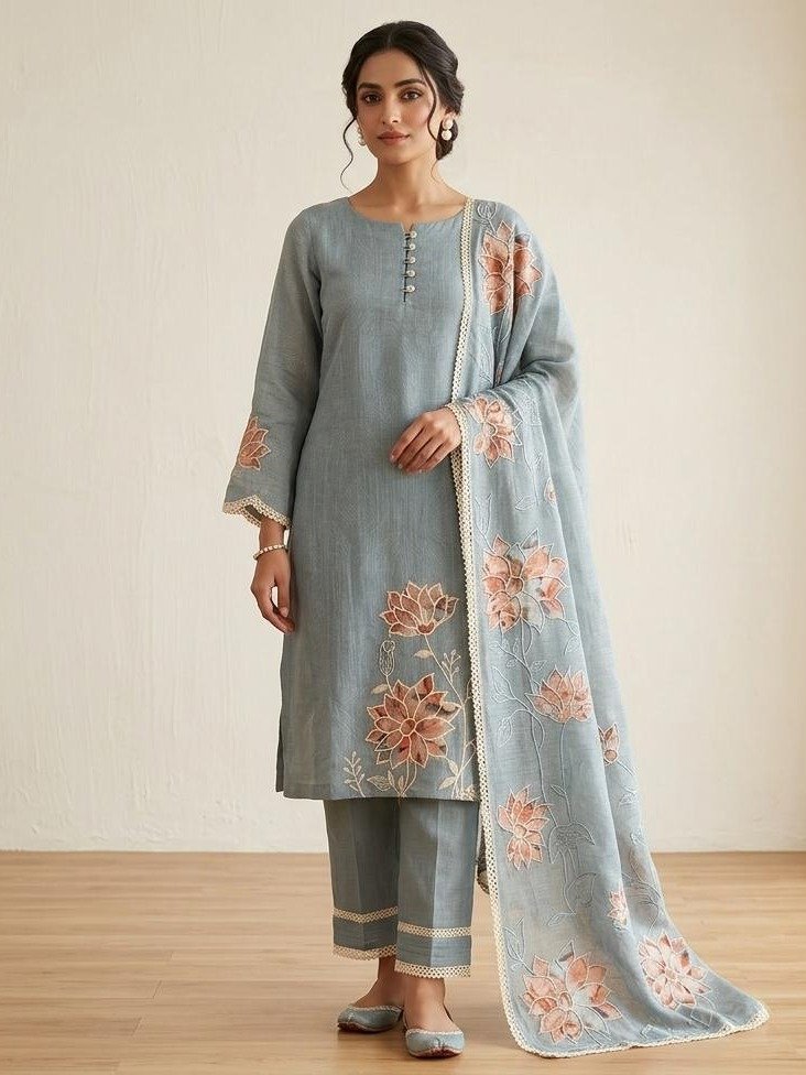 Steel Grey Silk Embroidered Kurta Set