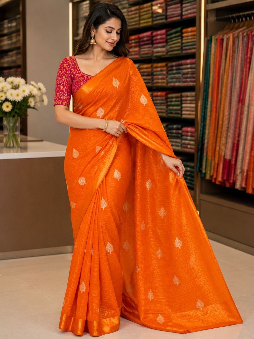 bright orange Chanderi silk saree