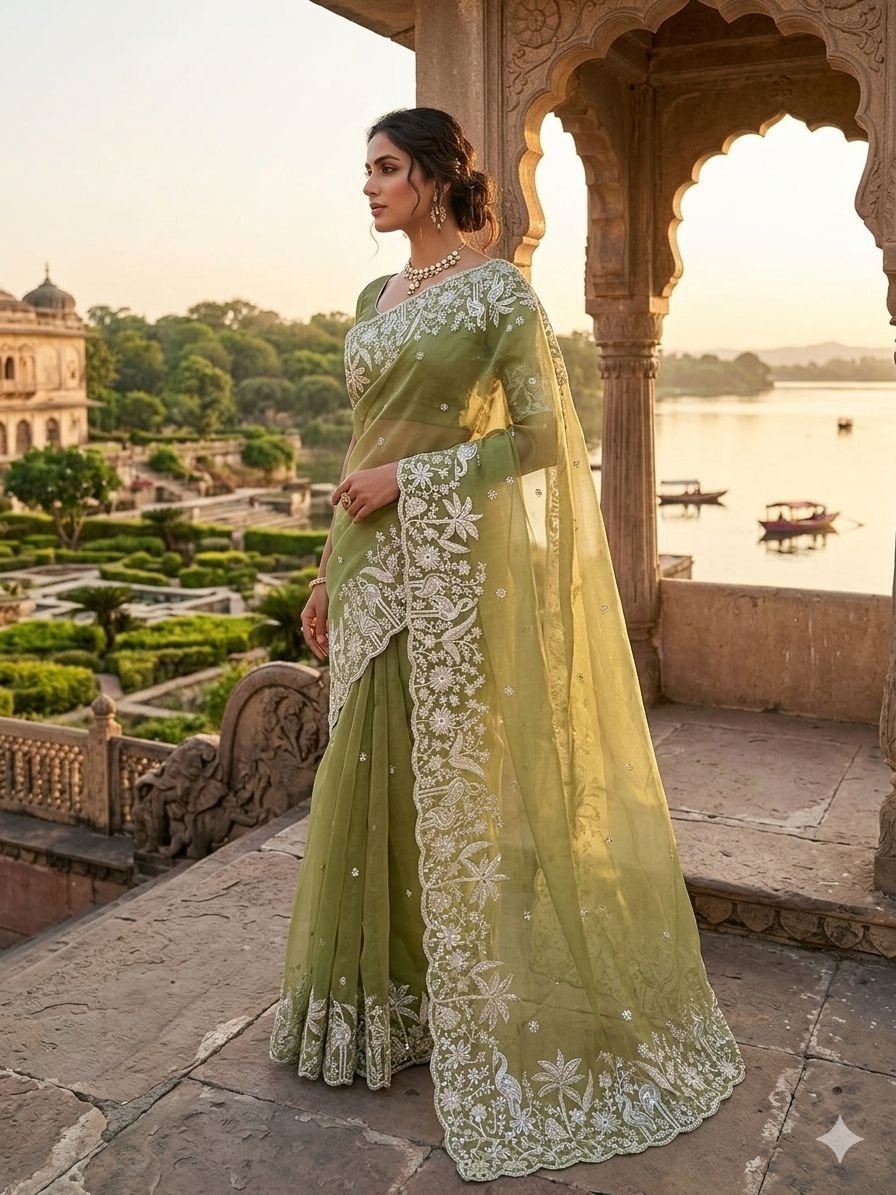 green thread, sequins,  Zarkan work saree