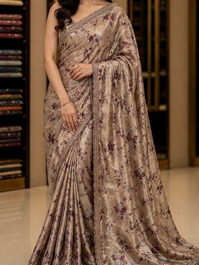 taupe-gold metallic satin saree