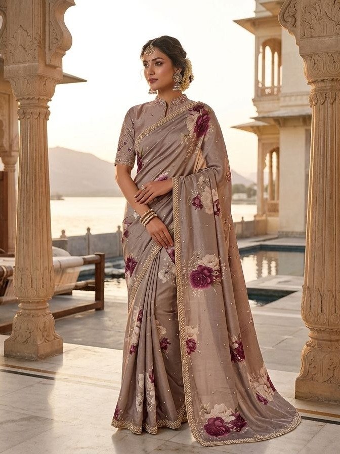 Brown Floral Print Saree with a Pearl Embellished Border