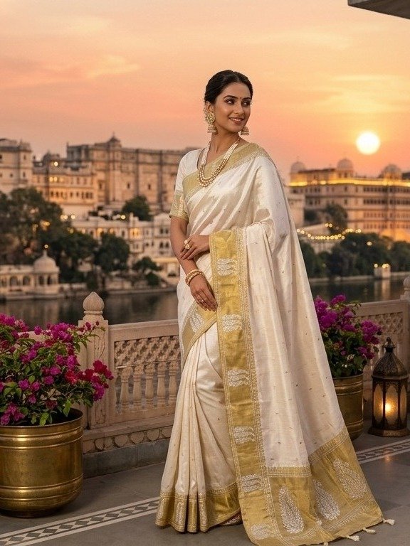 off-white and gold saree