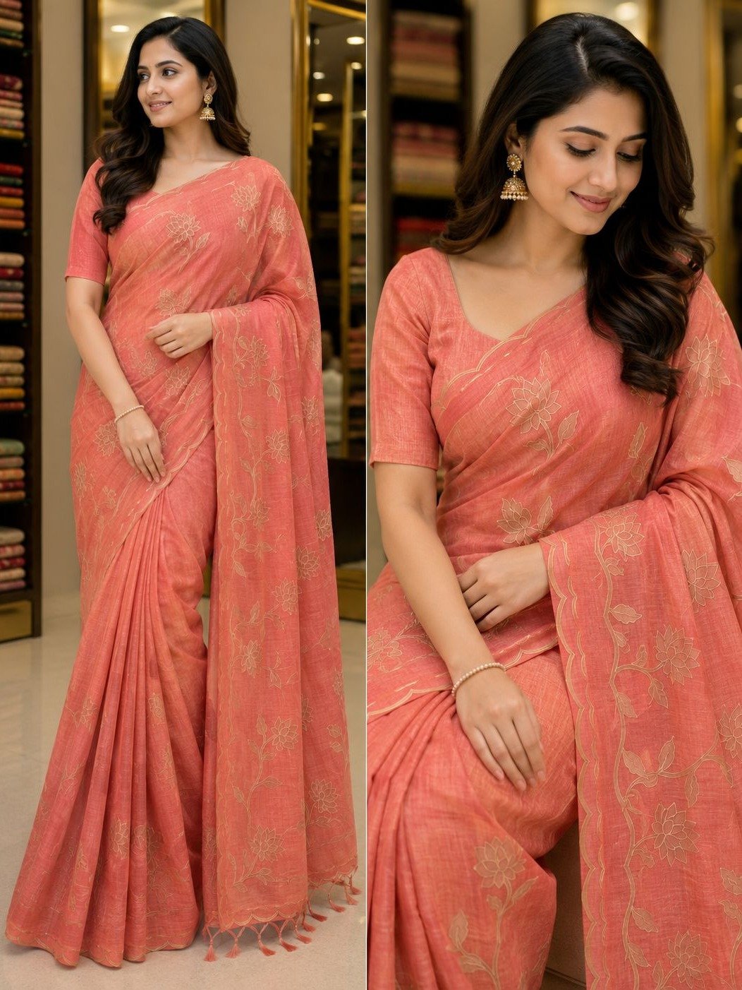  peach-coral handloom linen-silk saree