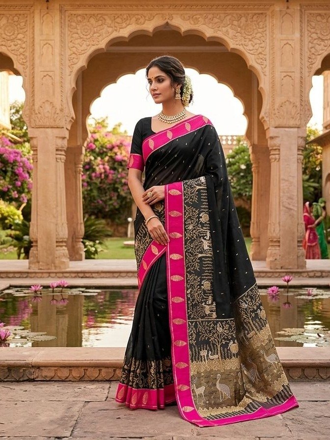 Black Soft Silk Saree featuring a Pink Pichwai Art Border