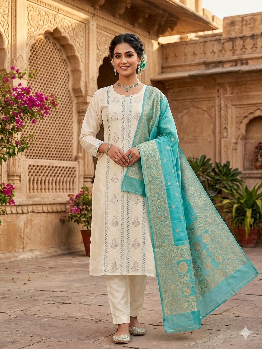 3-piece off-white silk blend kurta set 