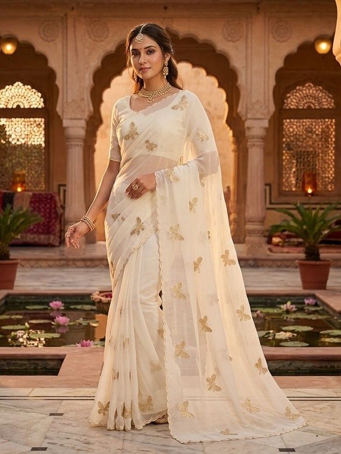 Coff-white embroidered saree,