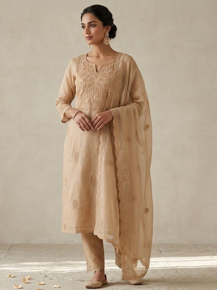  Beige Tissue Silk Embroidered Kurta Set