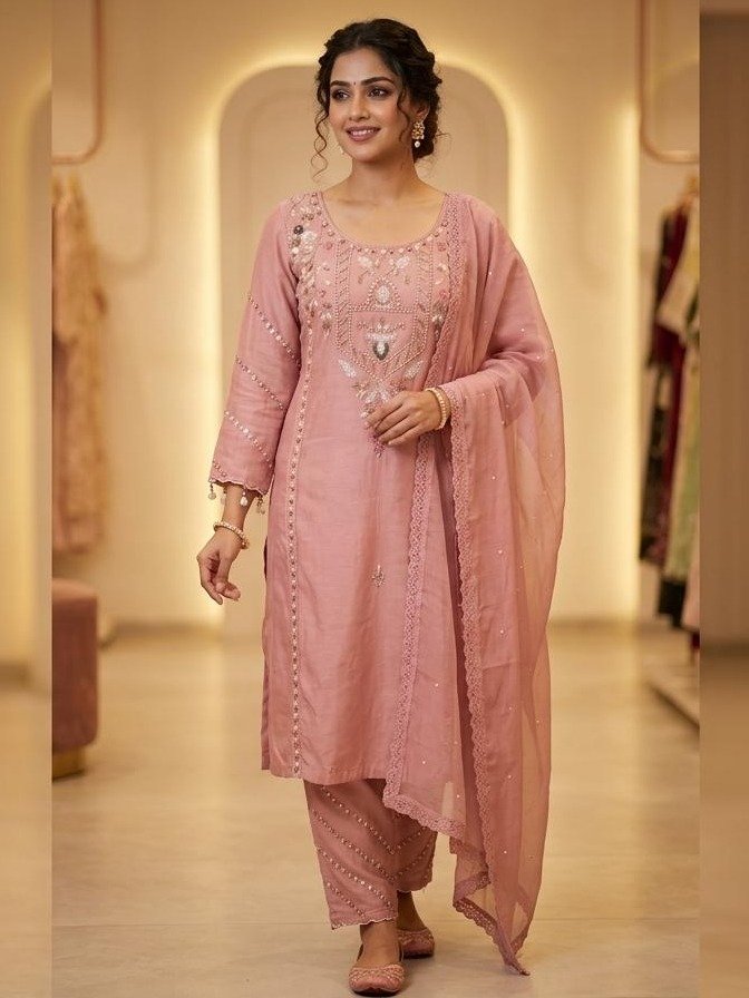 Old Rose Embroidered Silk Blend Kurta Set