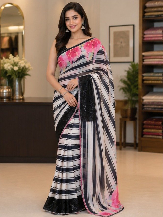  black and white striped creap saree