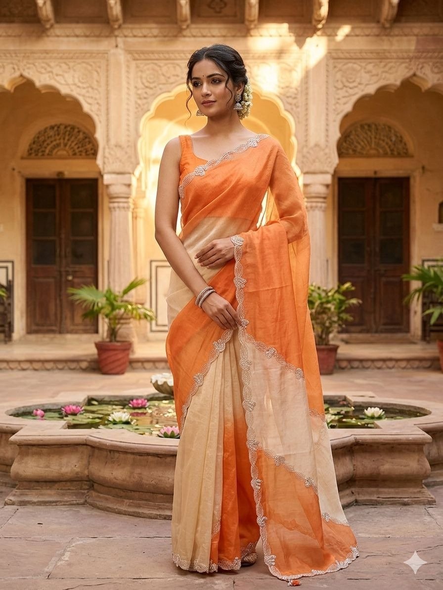 Ivory and Orange Ombre Saree
