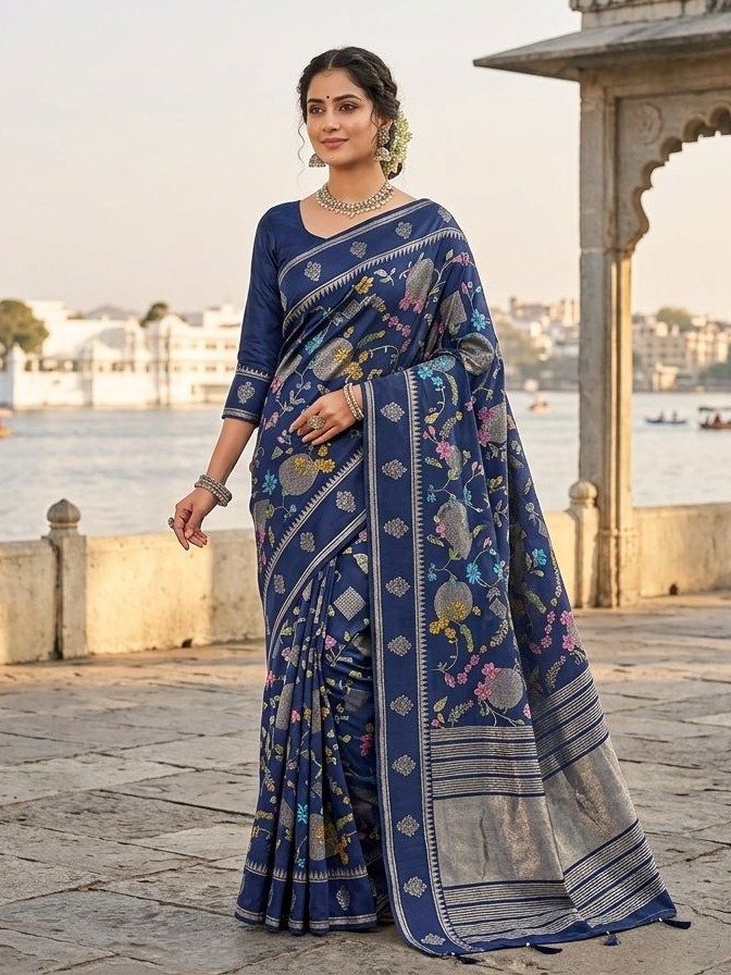 Navy Blue Banarasi Jacquard Art Silk Saree