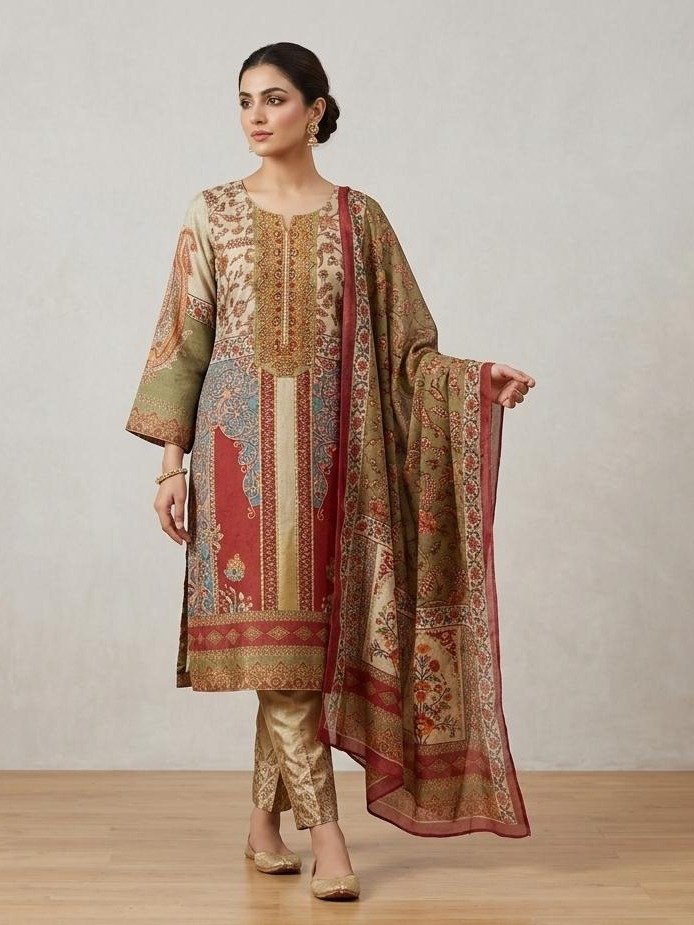 Olive and Ochre Printed Silk Kurta Set