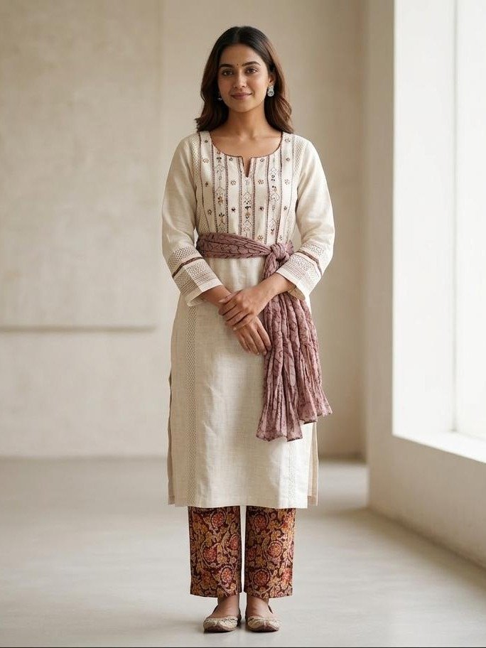 Off-White and Earthy Tone Kurta Set