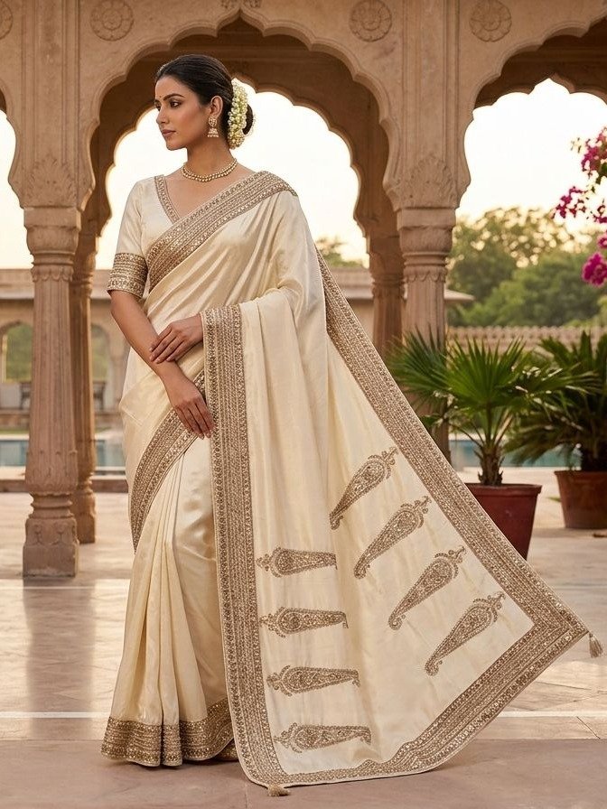  Cream Satin Silk Saree with Heavy Gold Paisley Embroidery