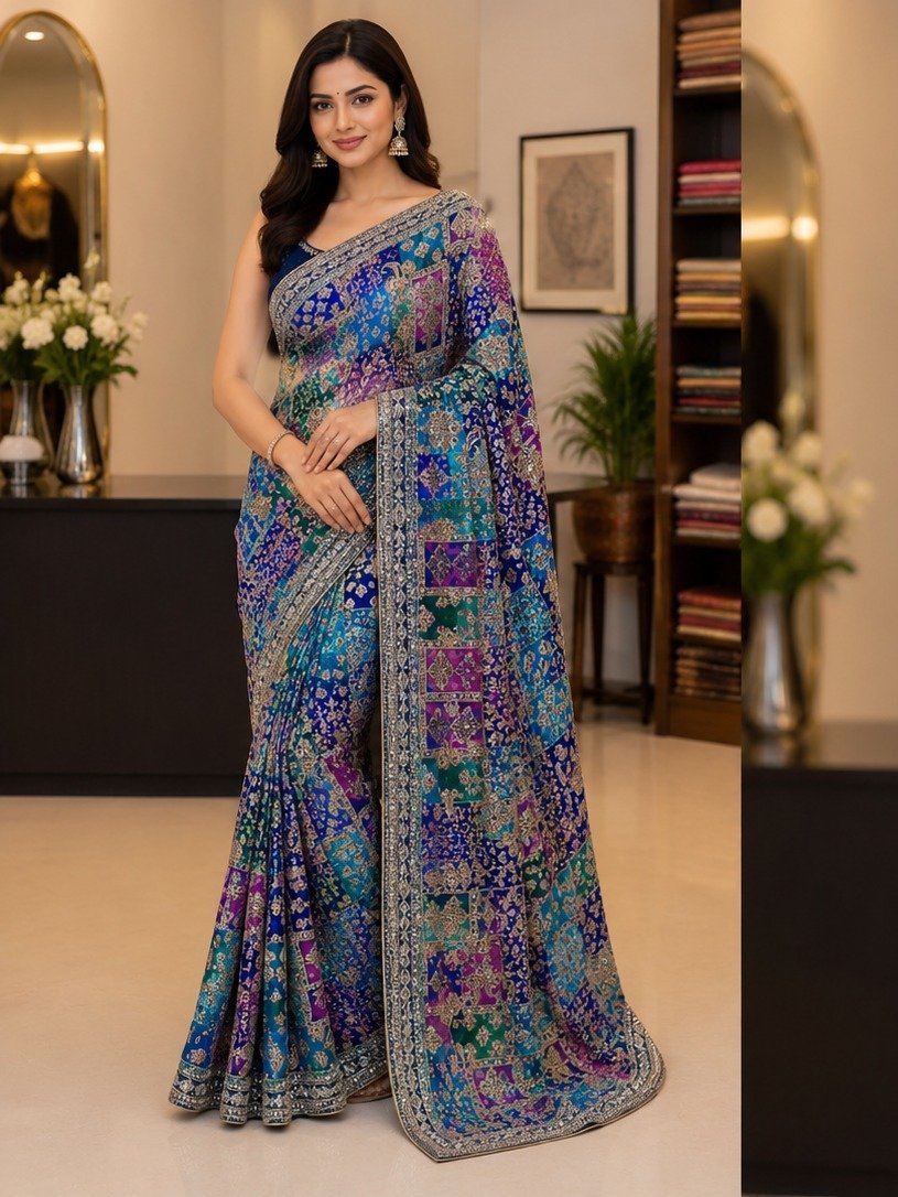 multi-colored patchwork-style printed georgette saree