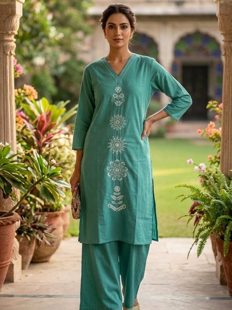 Vaayu Teal Appliqué Embroidered Kurta Set