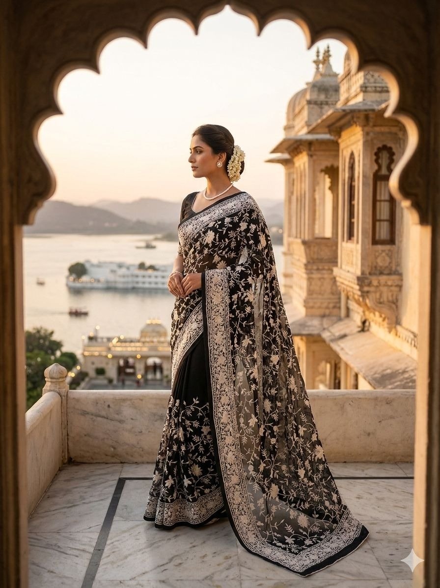  black Lucknowi Parsi Gara handwork saree 
