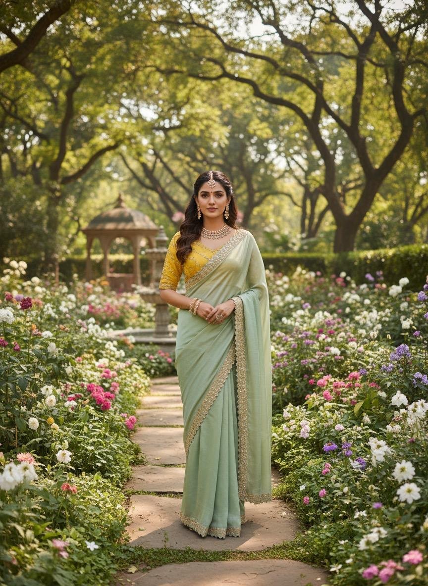 Emerald Green Zardozi Work Saree With Mustard Blouse {vc-5270}
