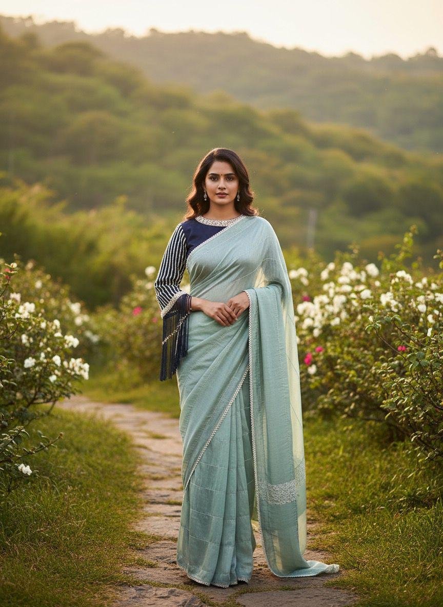 Turquoise blue Chinnon Crepe Saree