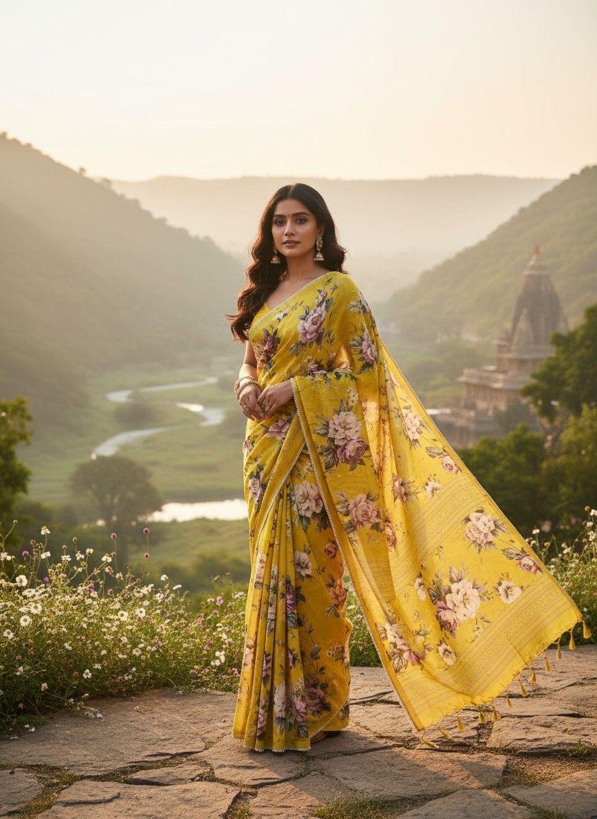 Digital Print Mustard Saree
