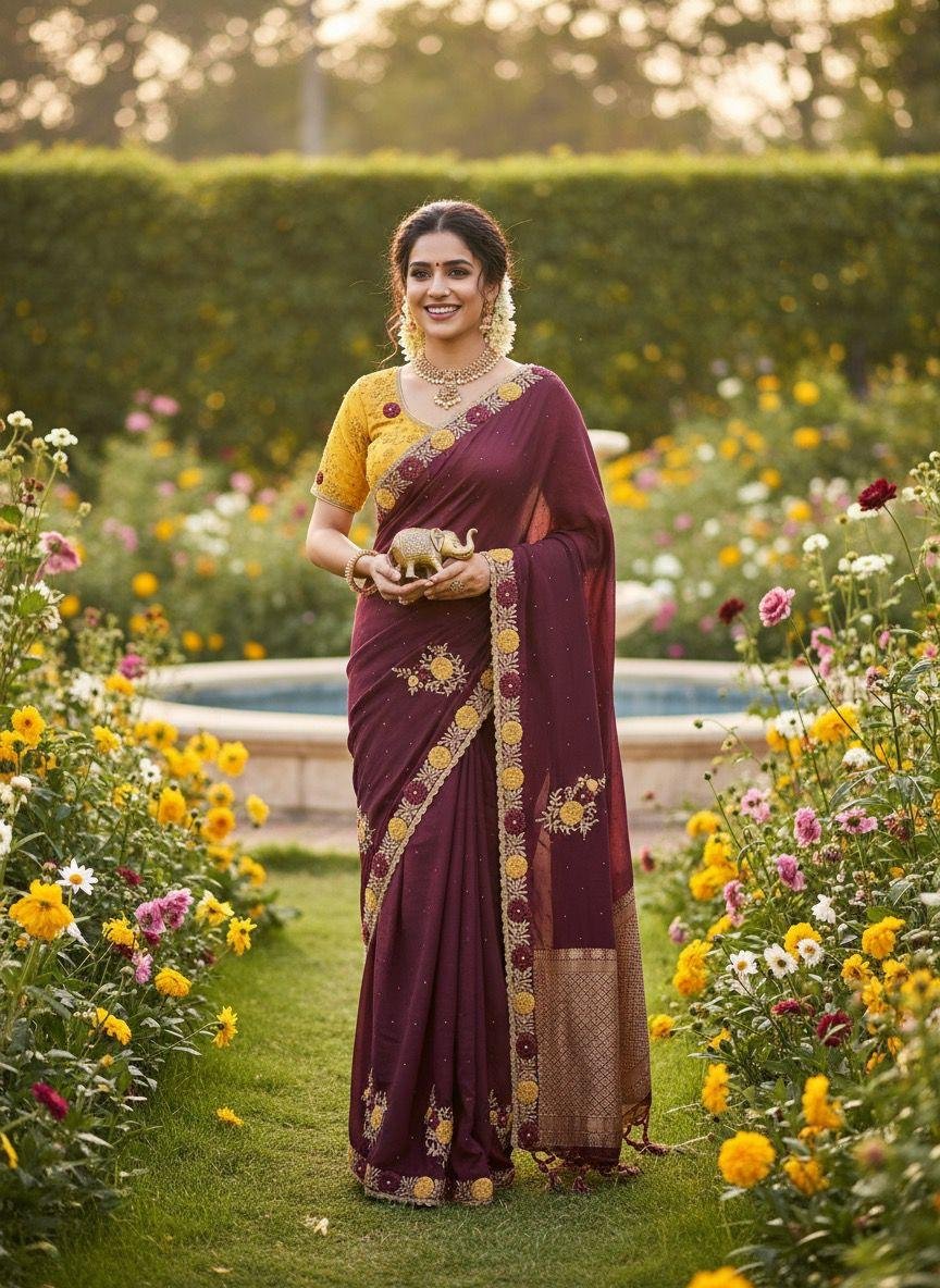 WINE SAREE WITH STITCH BLOUSE