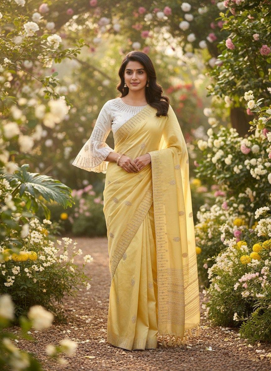 LEMON YELLOW SAREE WITH STITCH BLOUSE