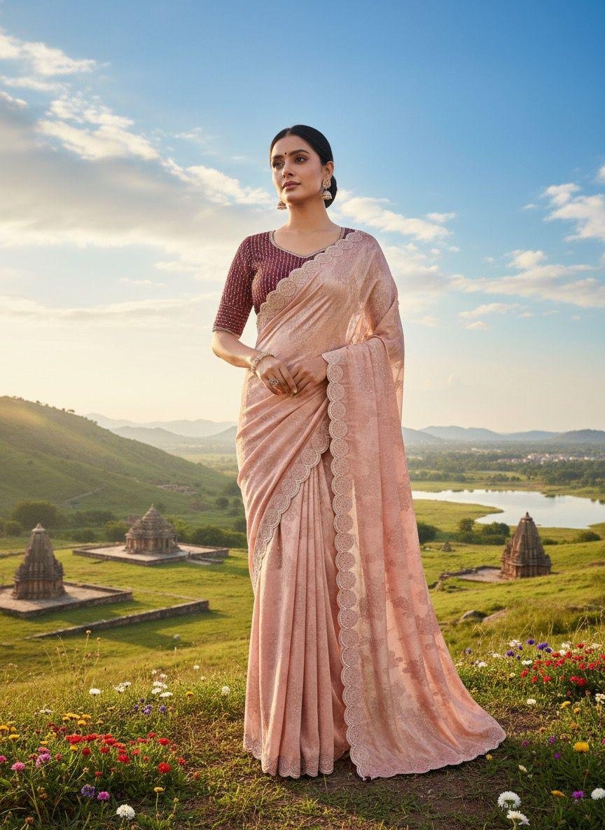 PEACH SAREE WITH STITCH BLOUSE