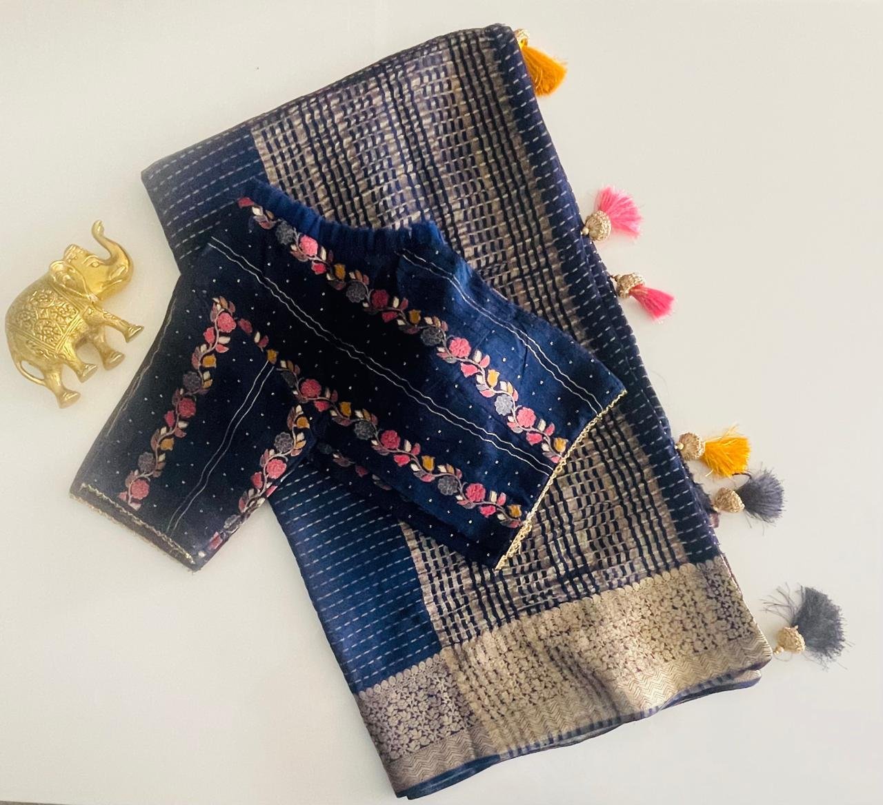 BLUE SAREE WITH STITCH BLOUSE