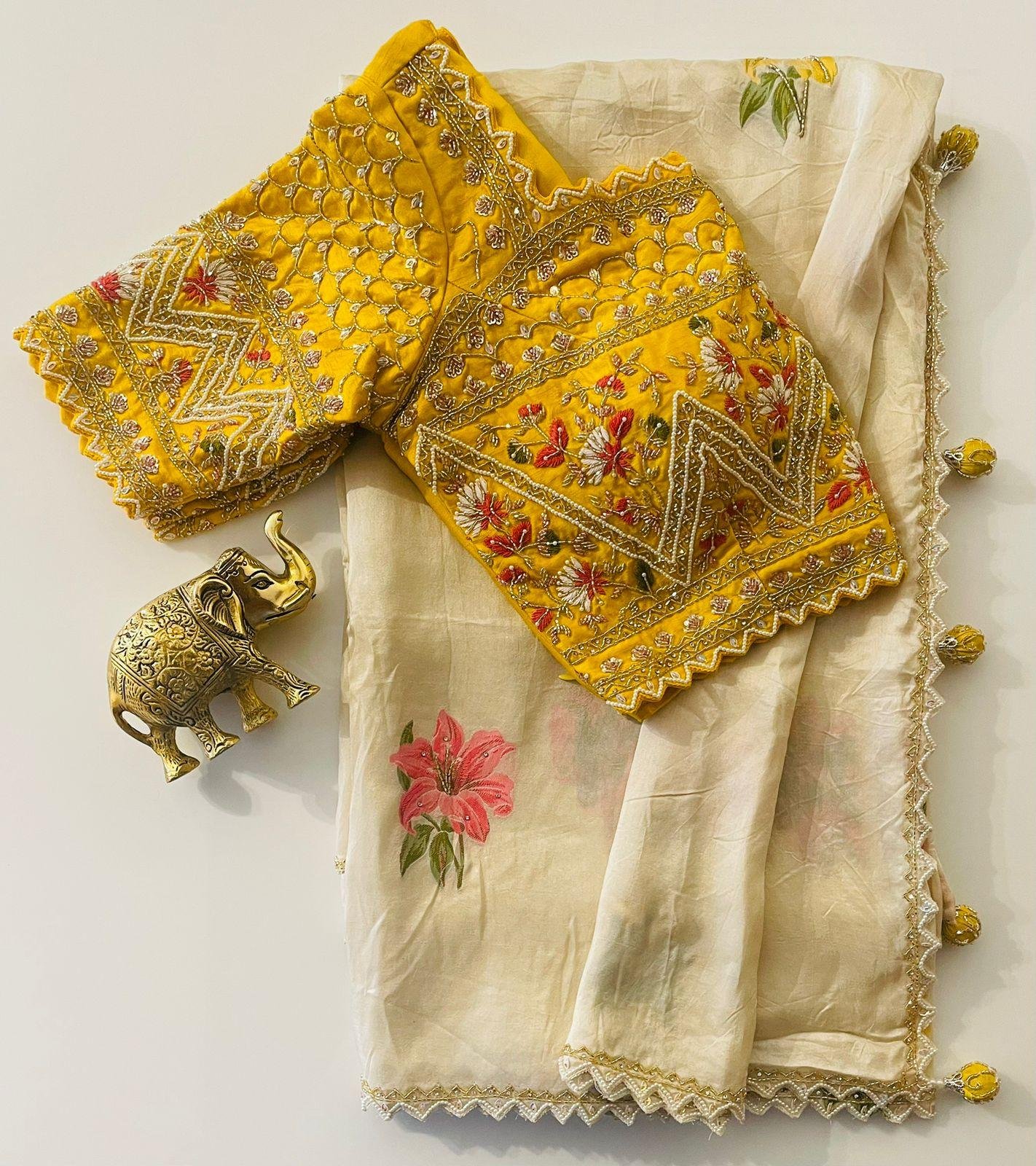 CHIKU SAREE WITH STITCH BLOUSE