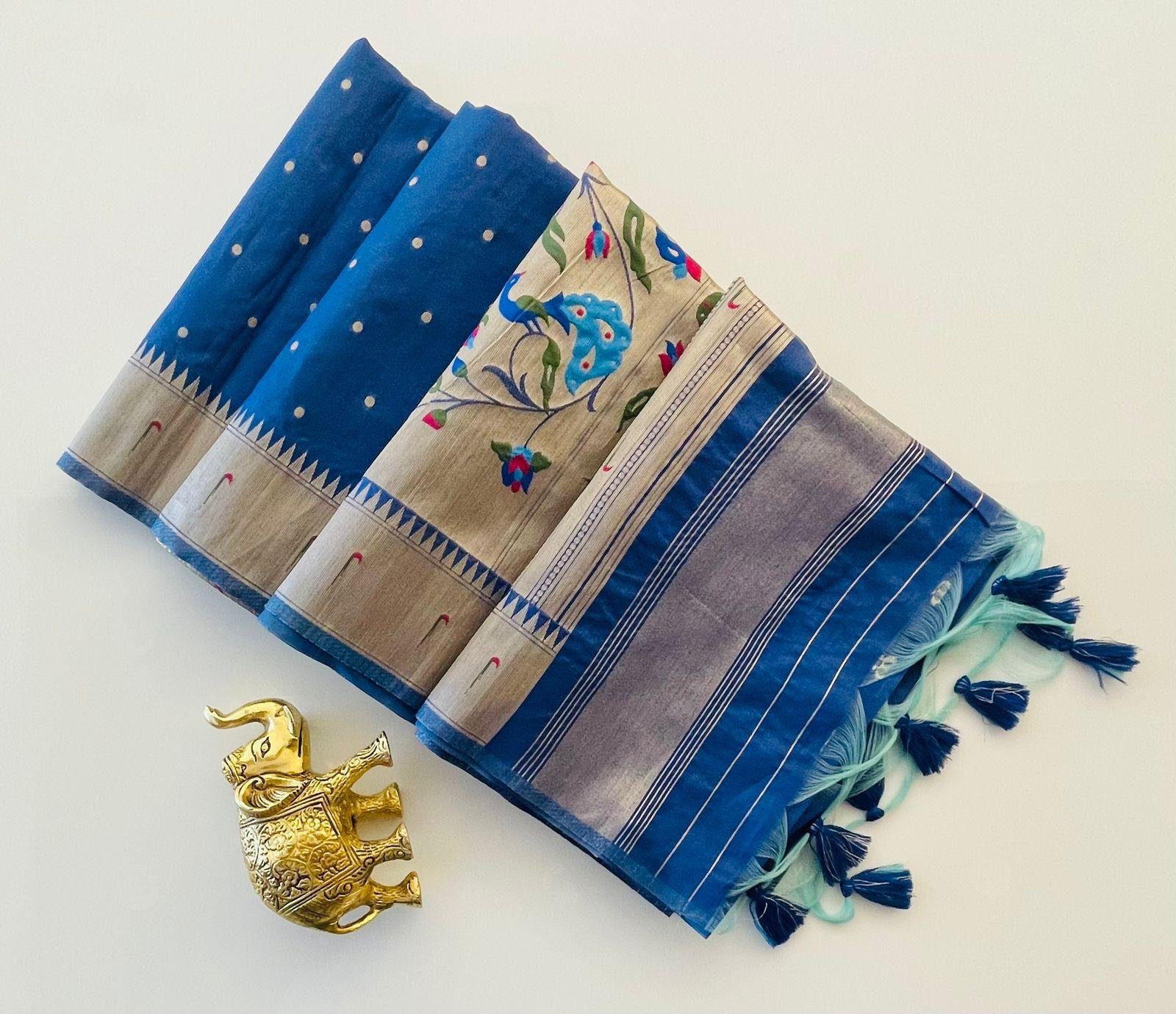 BLUE SAREE WITH GOLD BORDER