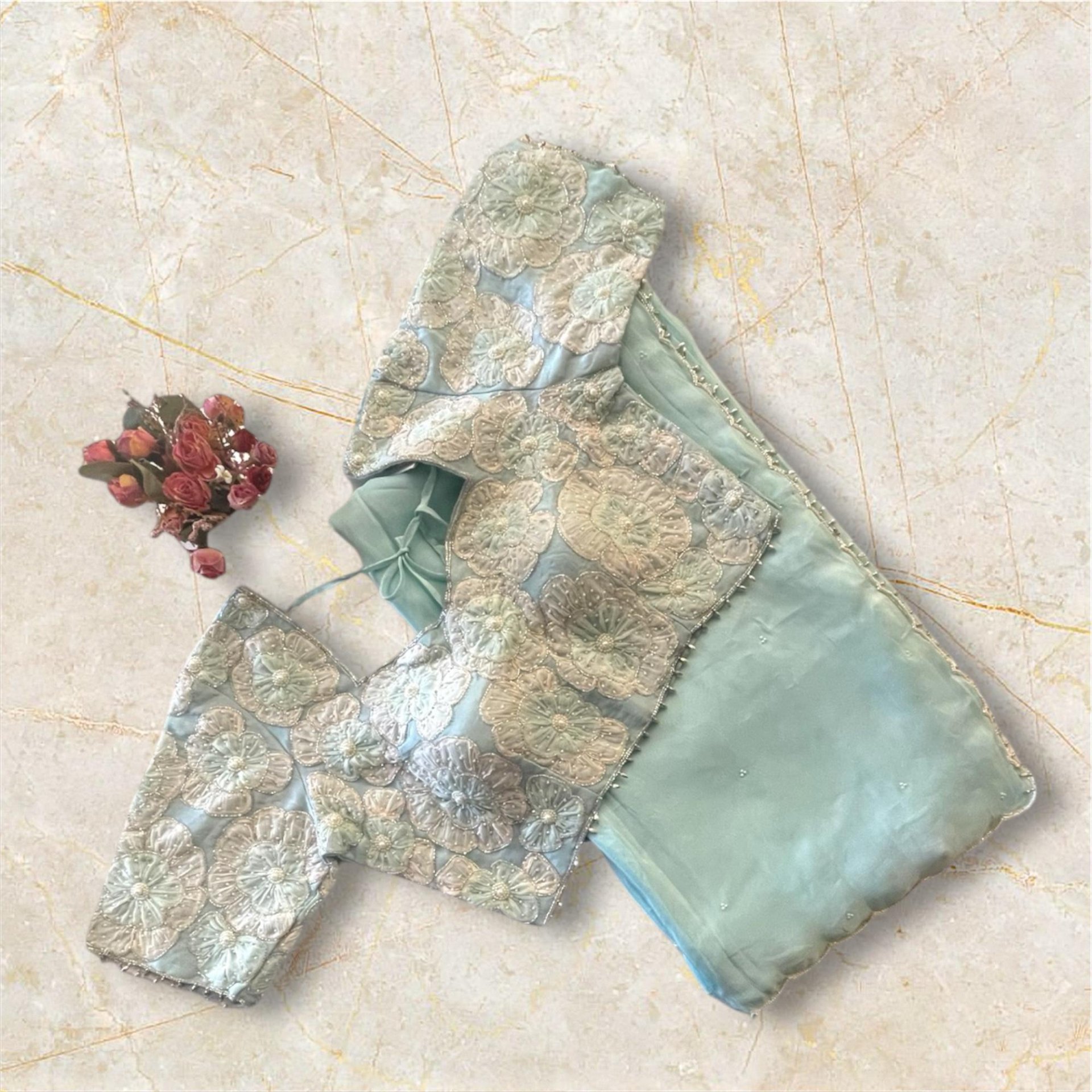 LIGHT BLUE MASLIN SAREE WITH FANCY BLOUSE