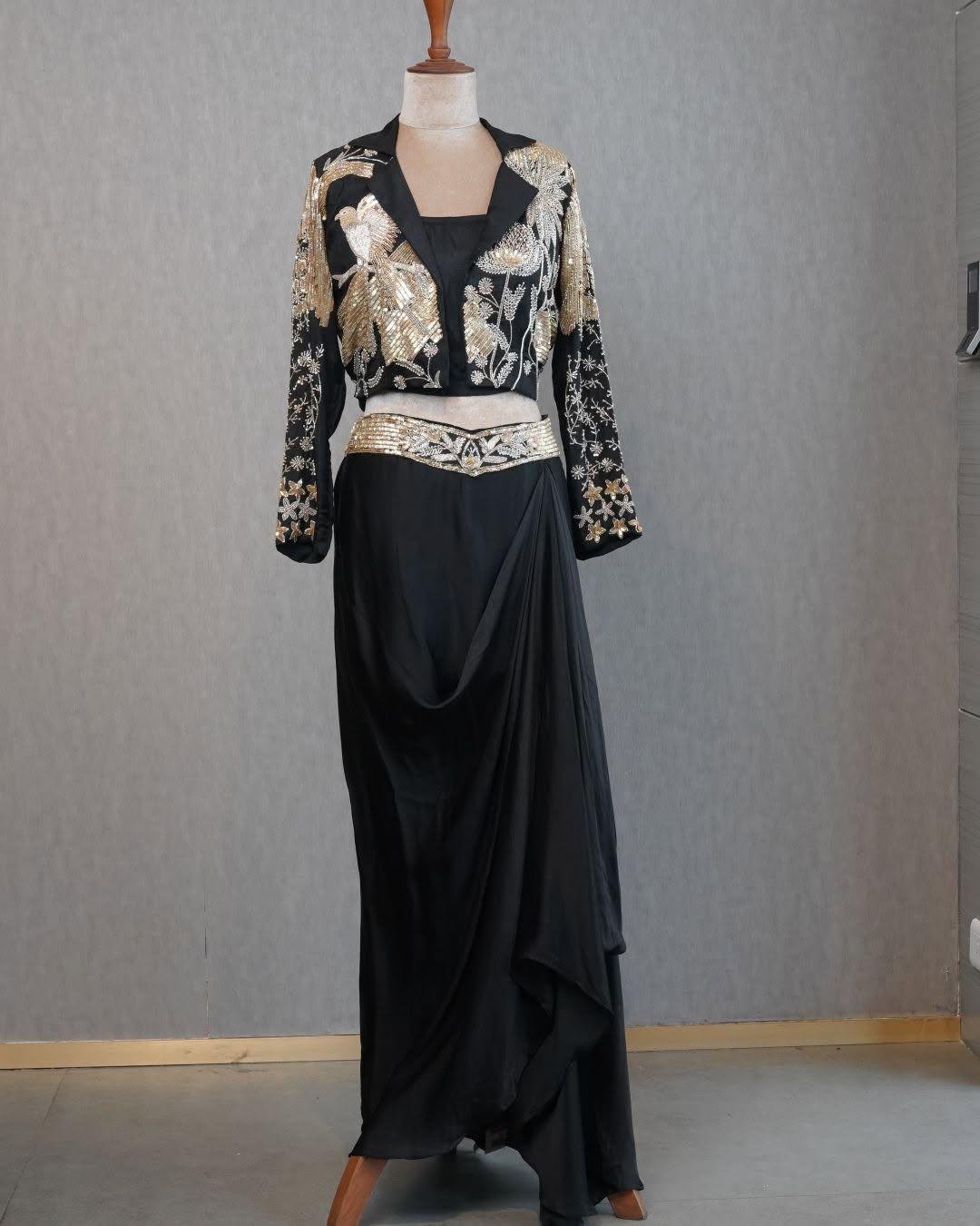 BLACK SILK SUIT WITH JACKET INDO-WESTERN