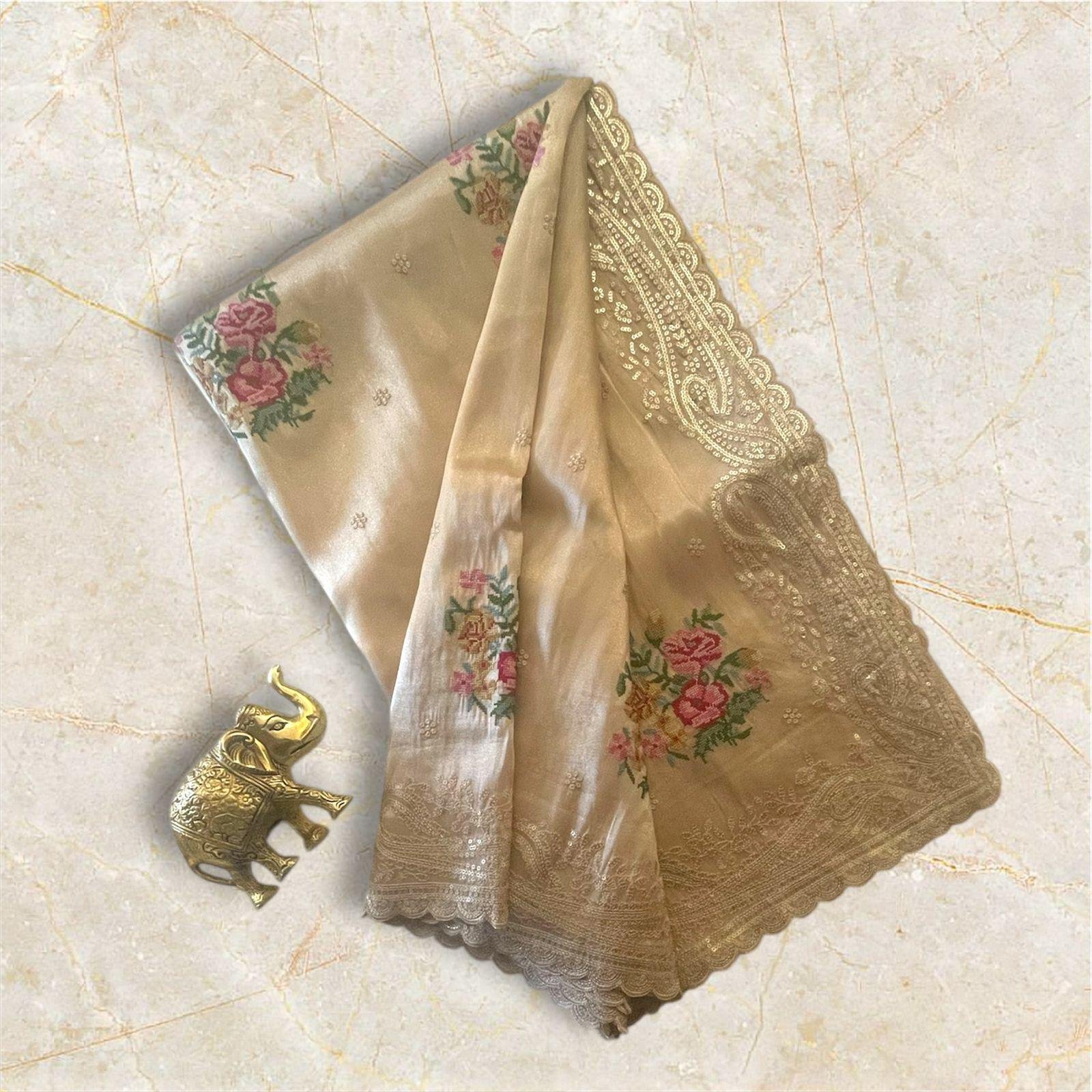 Tissue Silk Flower Embroidery Design Work Golden Color Saree With Blouse Piece