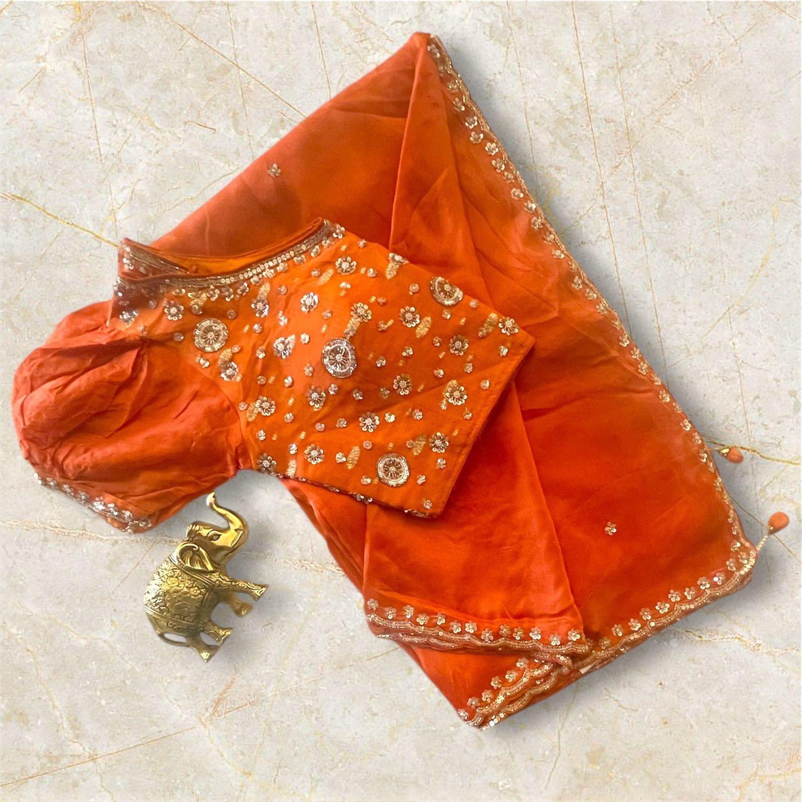 Orange Stone Embroidered Abuthai Silk Designer Saree with Readymade Blouse