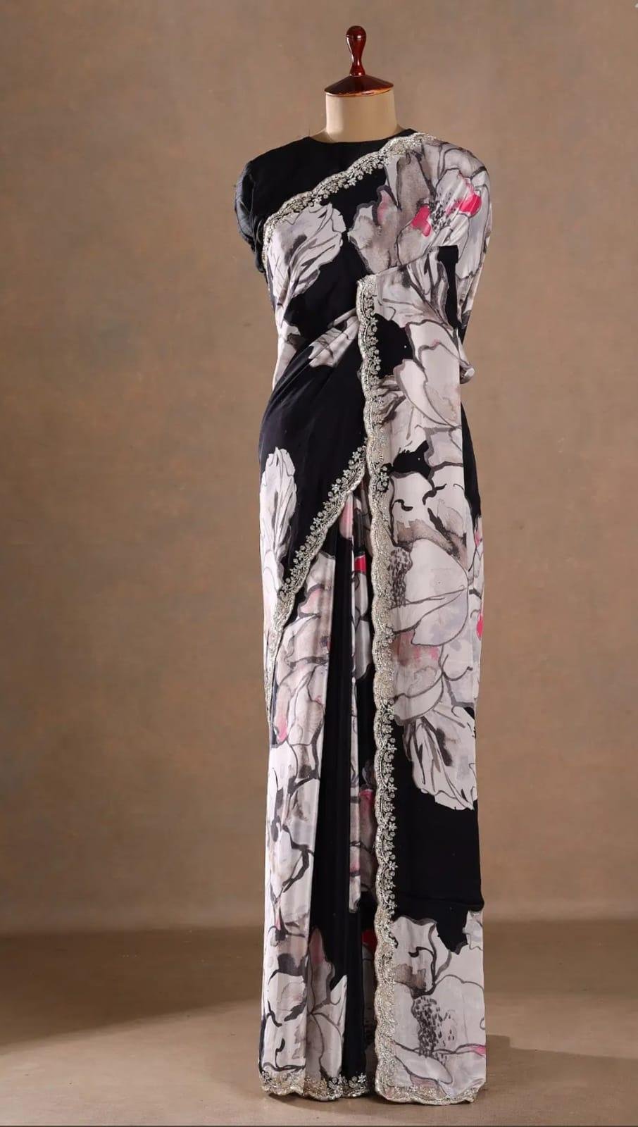 Black Floral Printed Saree with Embroidered Border and Unstitched Blouse