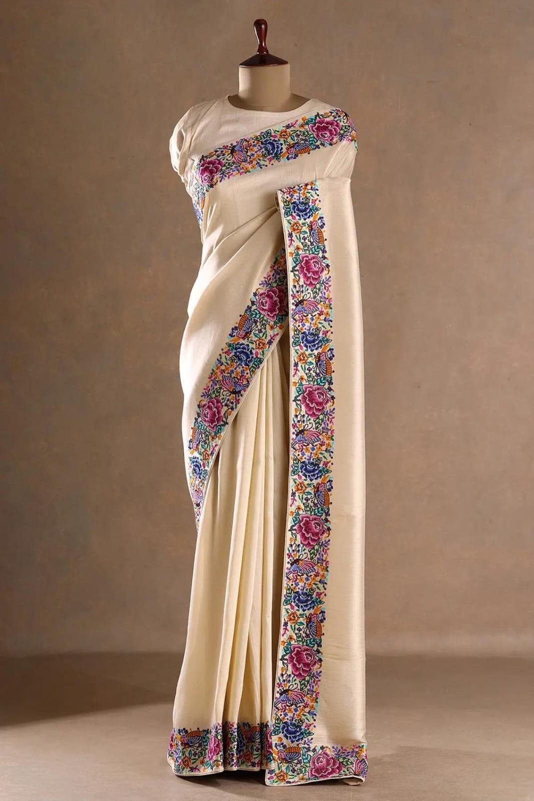 Beige Silk Designer Saree with Resham Embroidery